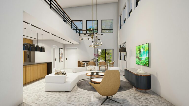 Elegant modern living room with sleek furniture and minimalist decor.