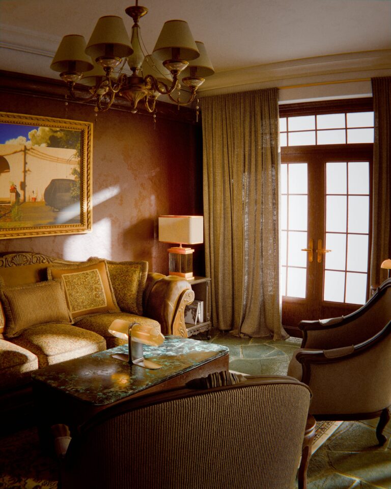 Warm and cozy living room featuring classic decor, a chandelier, and natural window light.